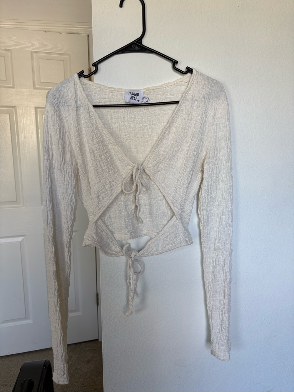 Princess Polly Cream Textured Tie-Front Wrap Crop Top